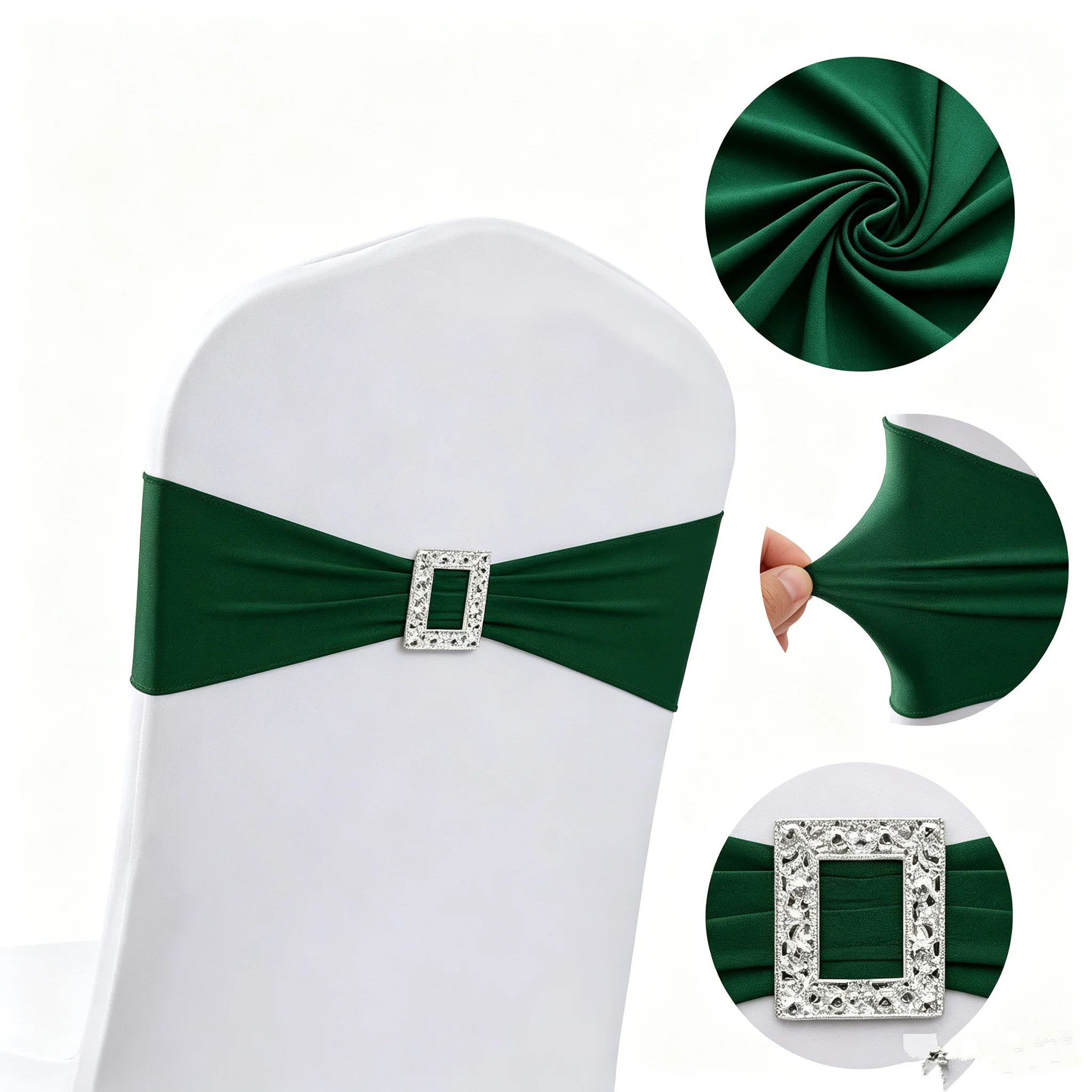 50PCS Dark Green Lycra Spandex Chair Sashes with Square Buckle Event Wedding Party Chair Covers Decoration