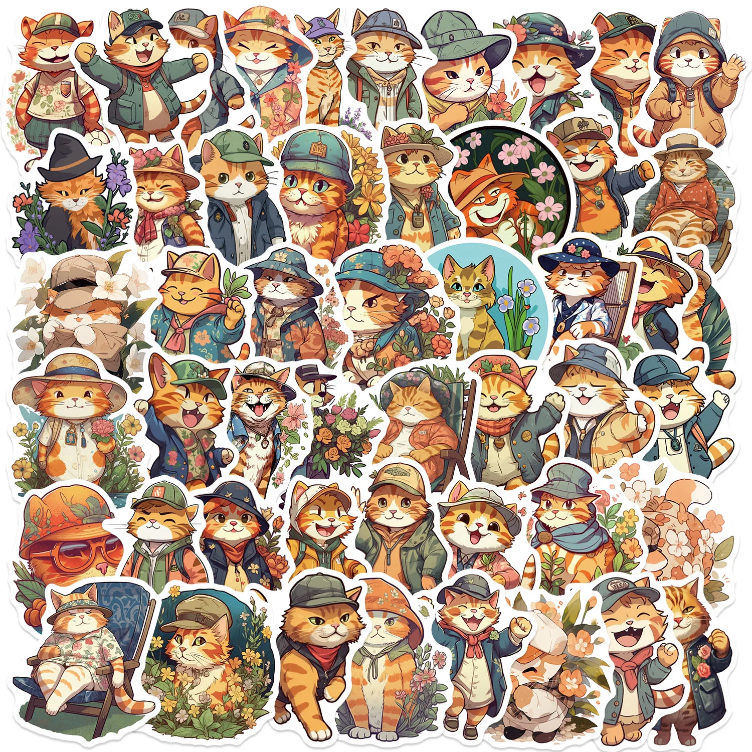 50PCS Fun Cartoon orange color cat Graffiti Stickers Scrapbooking Collage Material Phone Cases Guitar Notebooks DIY Decorative