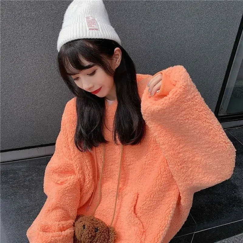 Large Hooded Sweater for Women In Autumn and Winter 2023 New Korean Version Loose Plush Thickened Imitation Lamb Plush Coat Top