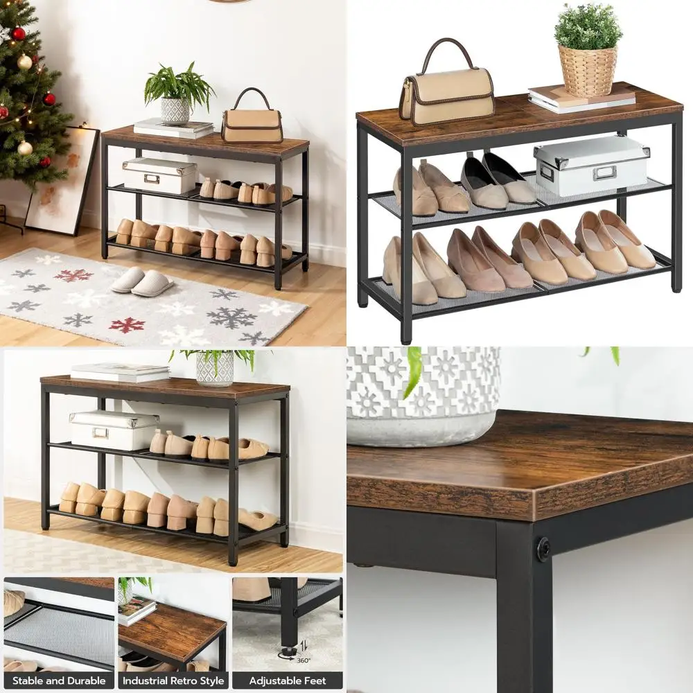 

3-Tier Shoe Storage Bench, Industrial Organizer, 29.5 Entryway Rack, Rustic Brown, Easy Assembly BF75HX01