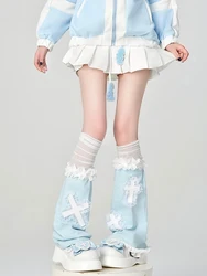 Womens Lolita Y2K Punk Gothic Steam Harajuk Cross Lace  Blue Personality Wide Leg Sets