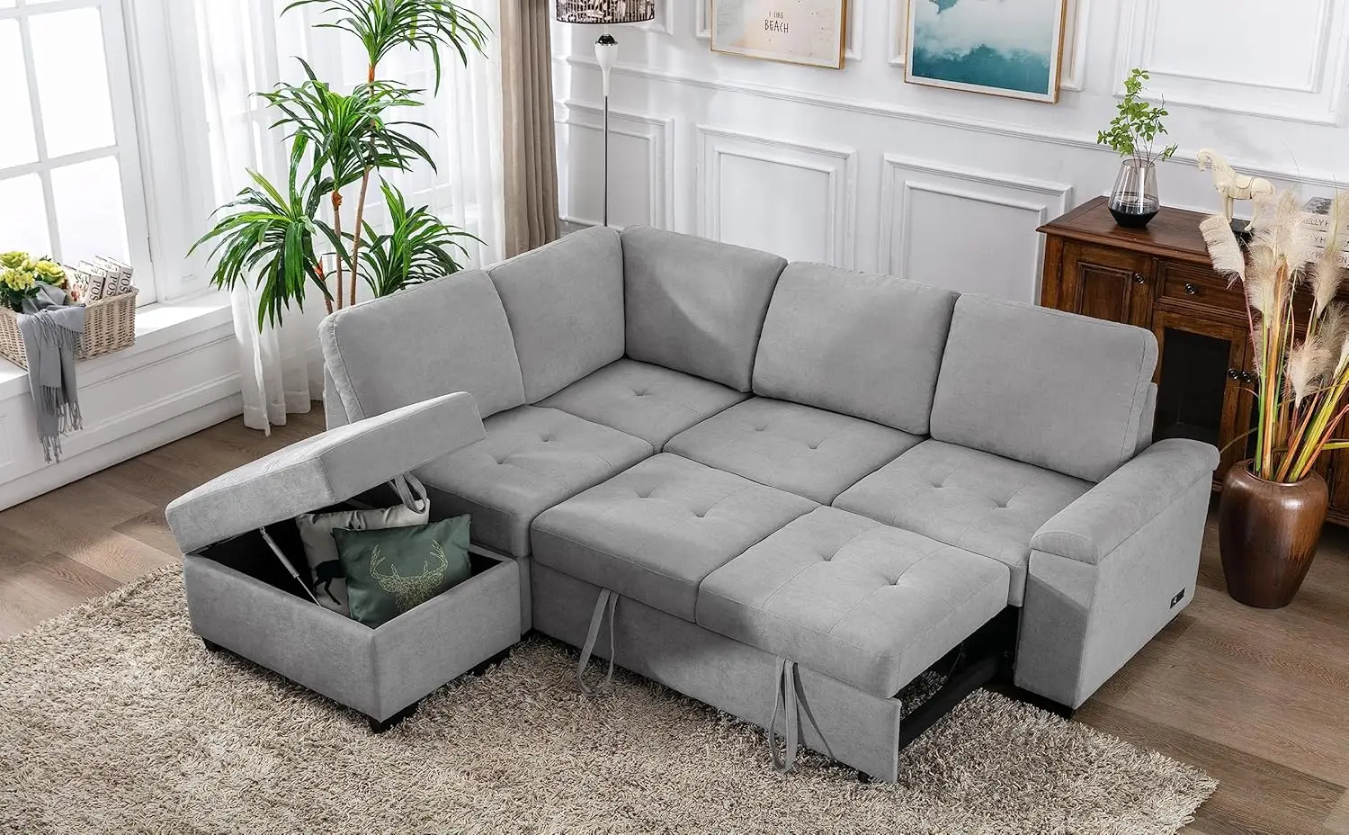 Convertible Sleeper Sectional Sofa Couch with Pull-Out Sleeper, L-Shape Corner Sofa Bed with Storage Ottoman and Hidden Arm