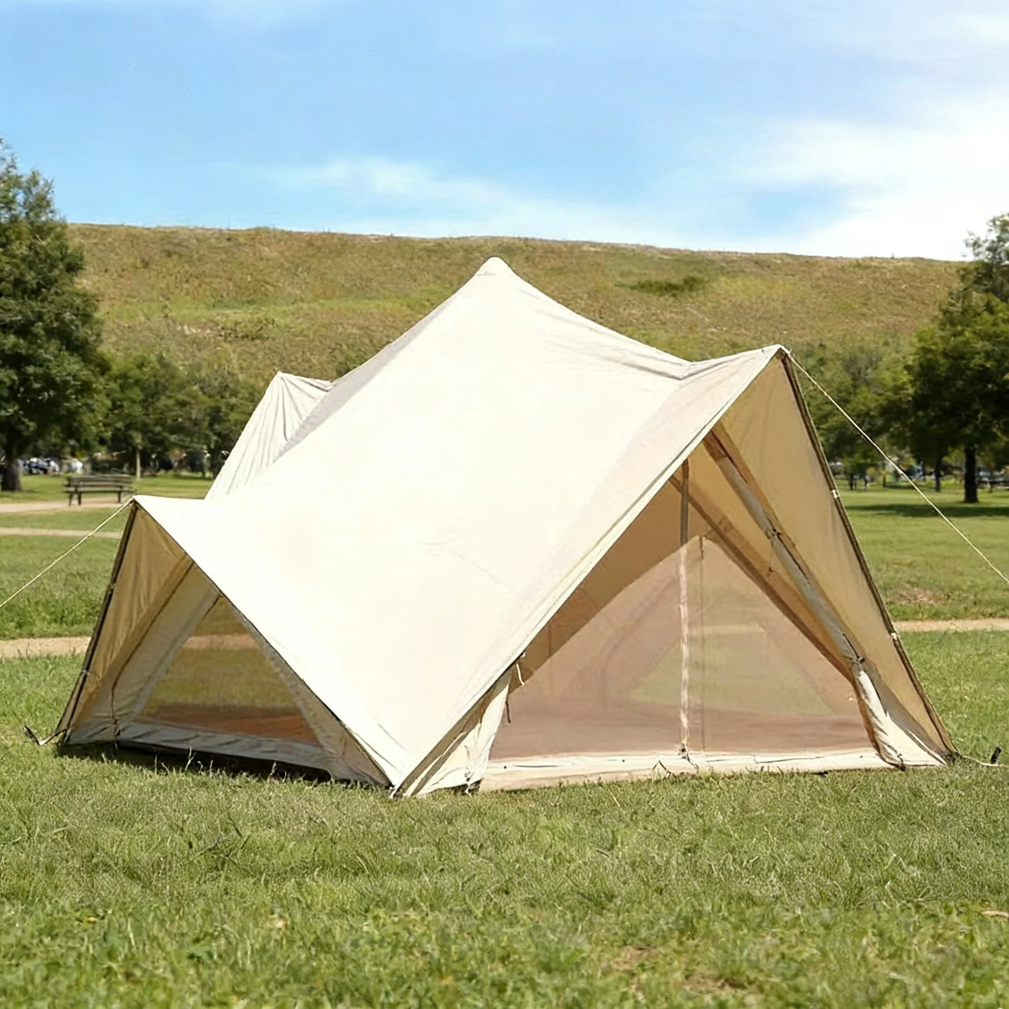 Solar Powered Pyramid Tent with Integrated Fans and USB Ports for Climate Control and Charging