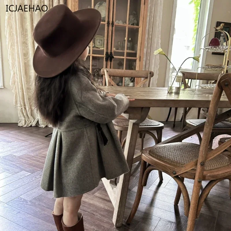 ICJAEHAO 2024Children\'s Outdoor Coat Vintage 100% Wool Winter Handmade Kids Girl\'s Double Cashmere Grey Brown Pleated Outerwear