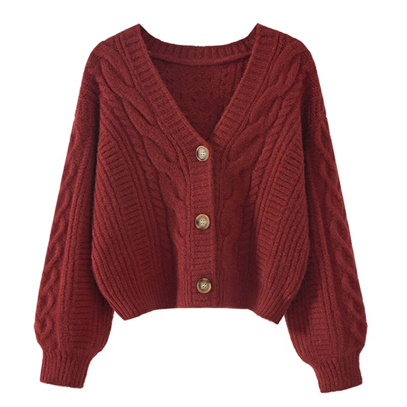 

Autumn Winter Women's Loose Vintage Fried Dough Twists Short Sweater Cardigan Coat