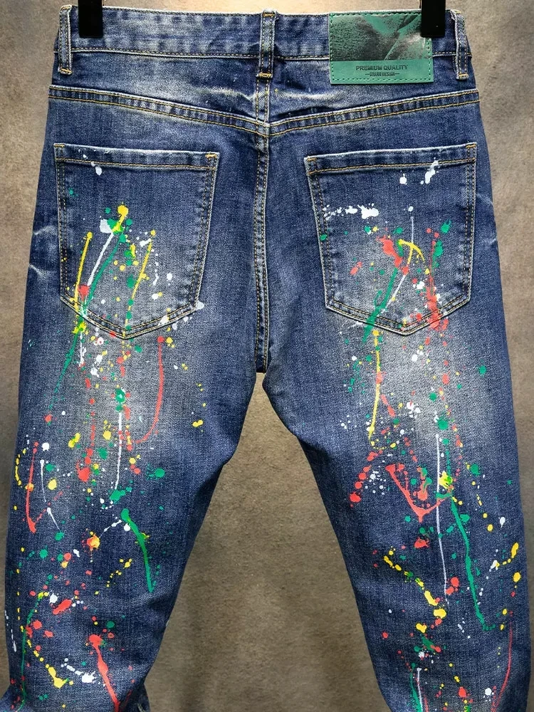 Street Fashion Men Jeans Retro Blue Stretch Slim Ripped Jeans Men Vintage Trousers Painted Designer Hip Hop Denim Pants Hombre