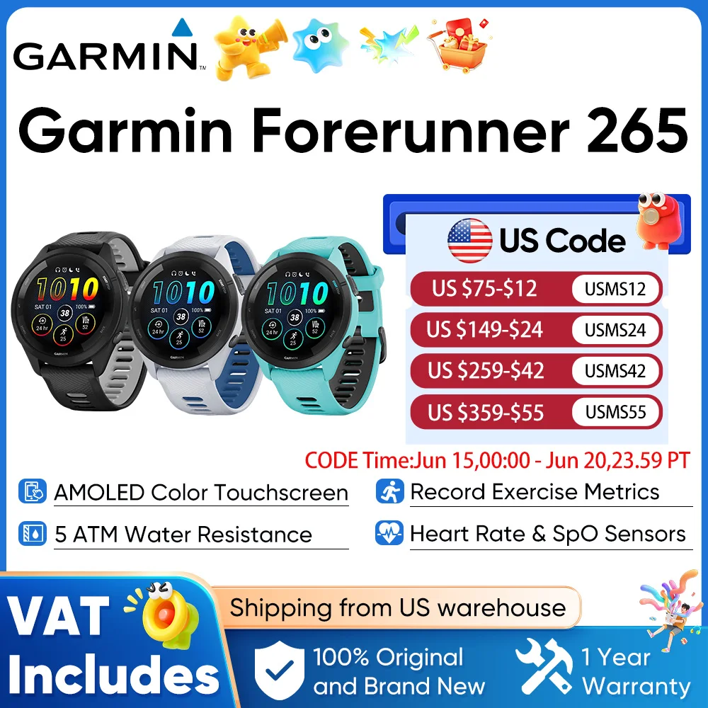Garmin Forerunner 265 GPS 46mm Smartwatch 1.3'' AMOLED Touchscreen Display Heart Rate Monitoring Training Metric Message Notice