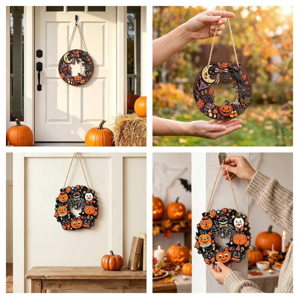 Wooden Hollow-Out Halloween Round Ornaments, Pumpkin Spider Web Magic House Hanging, Rustic Circle Pendant, Spooky Home Accents