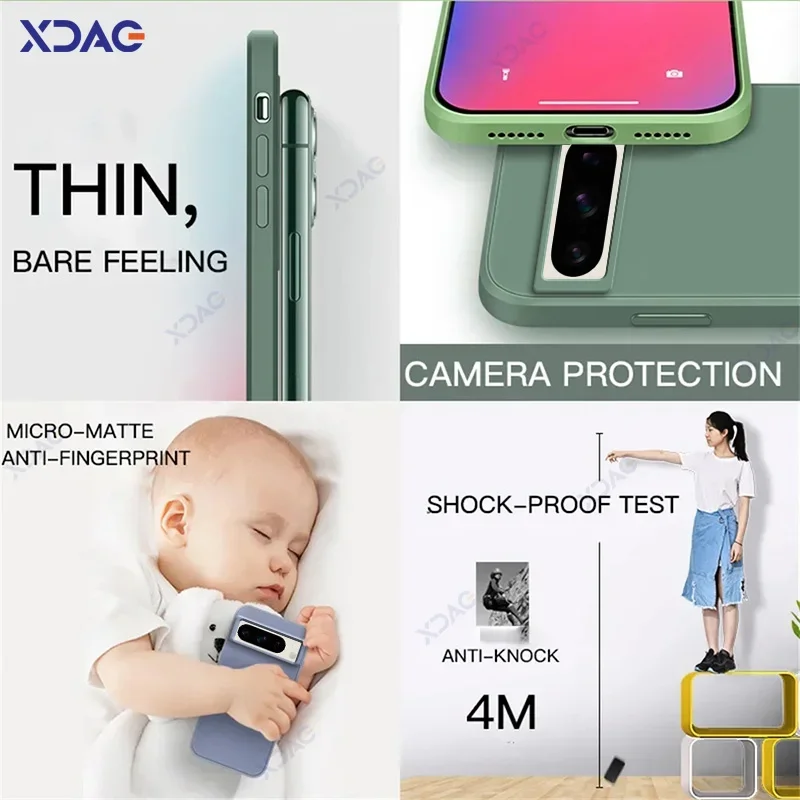 جرابات هاتف أصلية لطيفة لجوجل بيكسل 8 8A Pro 5G ، غطاء خلفي سيليكون سائل مربع بالكامل ، حقيبة فاخرة