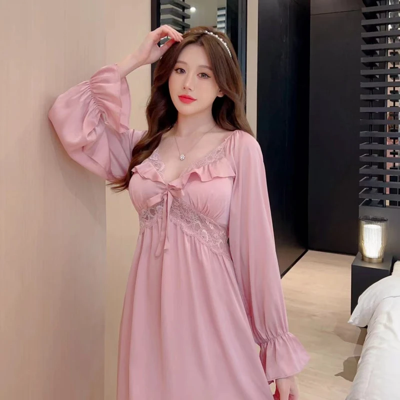 2023 New Autumn Long Sleeve Sexy Lace V-neck Silk Satin Nightgowns For Women Korean Cute Sleepwear Night Dress Nightdress Nighty