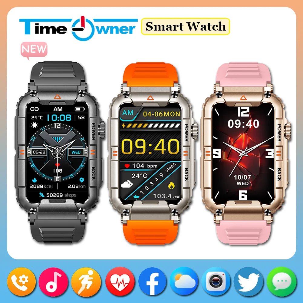 Reloj inteligente militar para exteriores del propietario del tiempo, reloj inteligente con llamadas Bluetooth de 1,57 pulgadas para Android IOS, relojes deportivos impermeables para Fitness