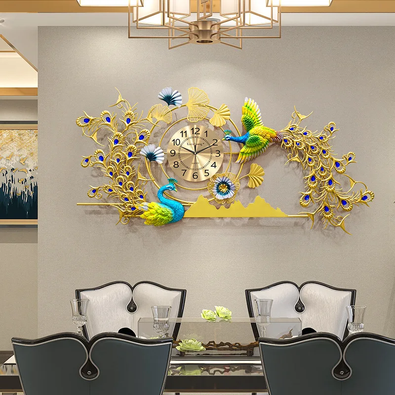 

Clock wall clock living room large long size home restaurant background wall decoration wall table creative Peacock Phoenix