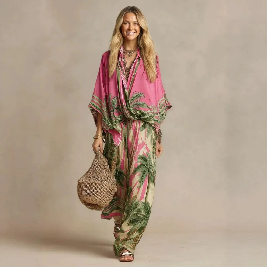 New Resort-style Printed Loose-fitting Shirt And Wide-leg Pants. Two-piece Set Women's Formal Evening Gowns Luxury Clothes