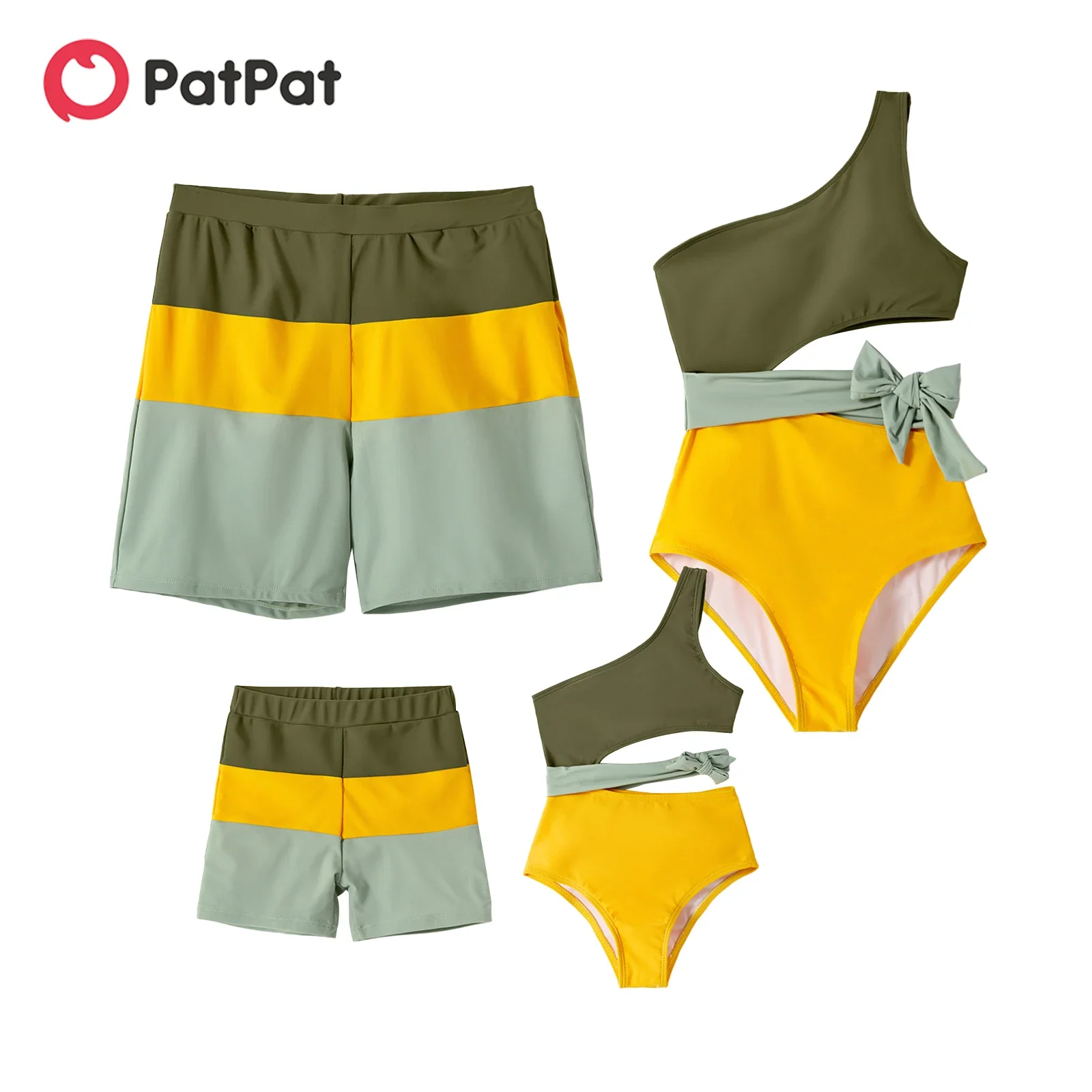 PatPat Family Matching Colorblock One Shoulder One-piece Swimsuit and Swim Trunks Suitable for Summer Season