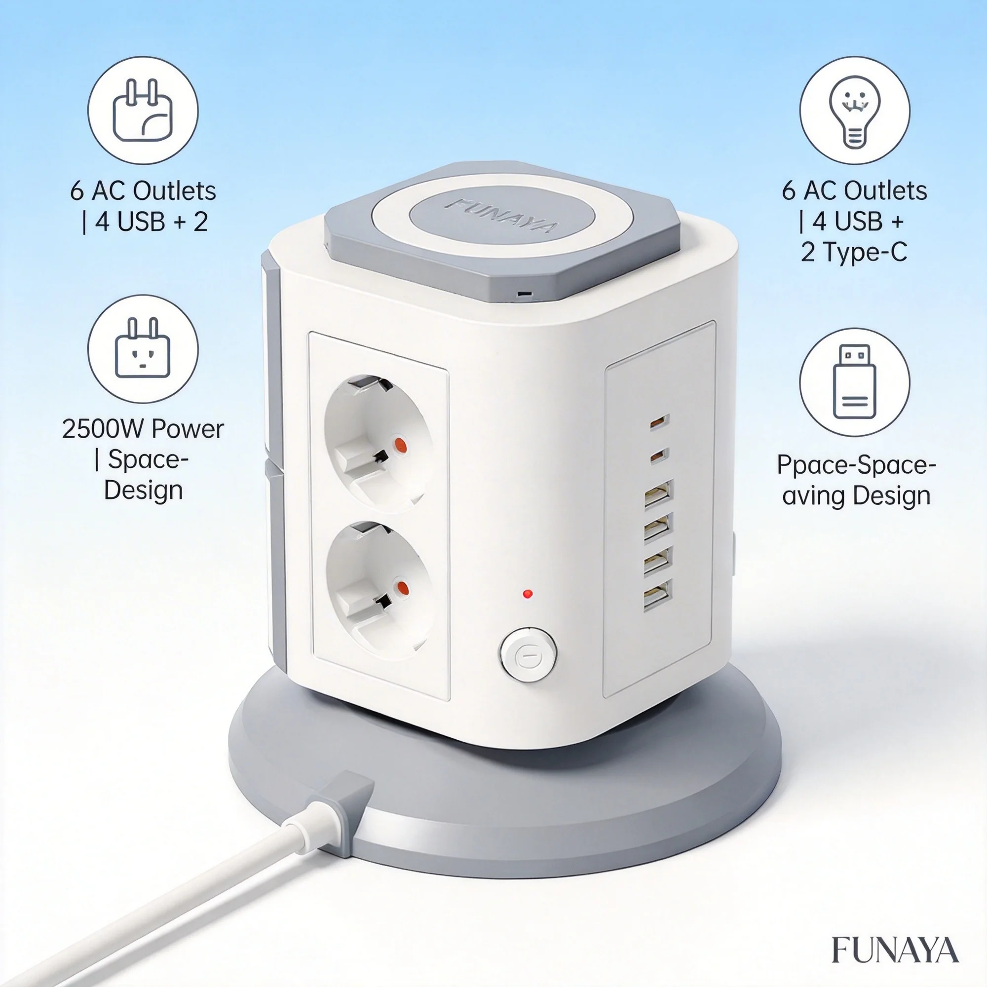 FUNAYA EU KR Multi Tower Power Strip with 4 USB-A 2USB C Ports 6 AC Power Table Vertical Sockets Extension Cable Switch Control