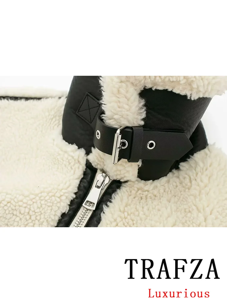 TRAFZA Vintage Chic Women Lambwools Jackets Patchwork Long Sleeve Zipper Pockets Loose Coats Fashion 2024 Autumn Winter Outwears