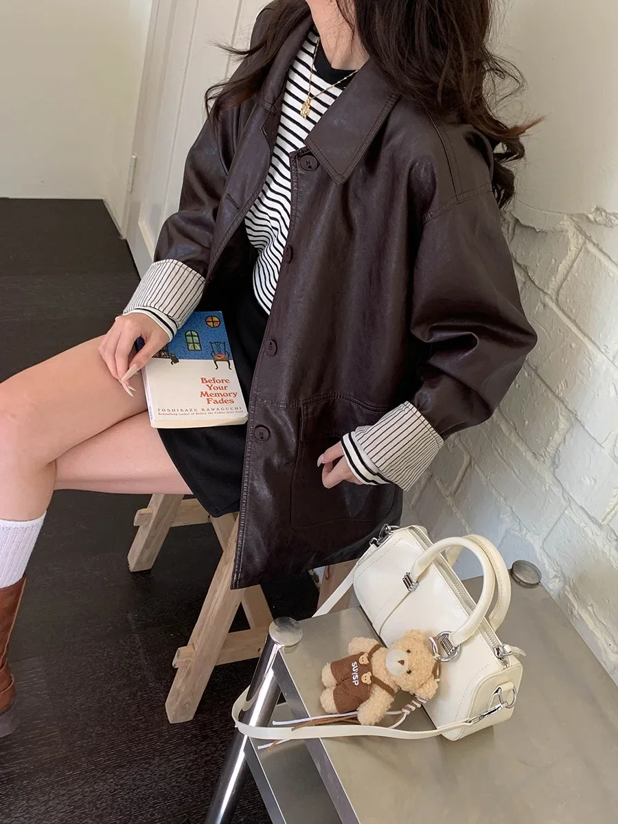 여성용 캐주얼 패치워크 스트라이프 긴팔 PU 가죽 재킷 가을 2025 신상품