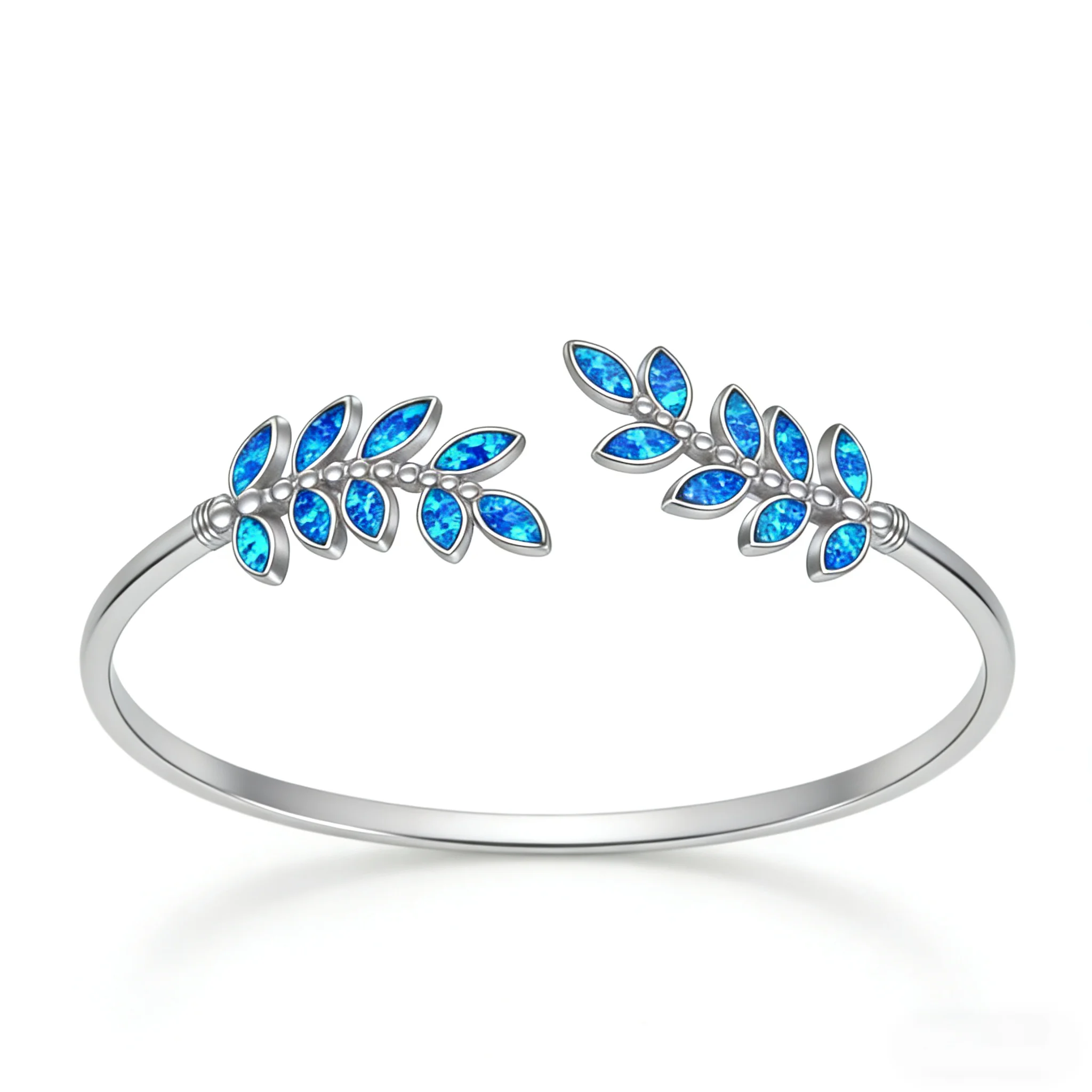 Silver Leaf Open-End Bangle for Women, Adjustable Blue Opal Branch Bracelet, Elegant Bohemian Jewelry, Wedding Gift for Her