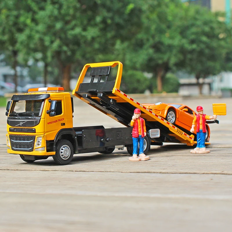 1/50 Volvo Alloy Deck Flatbed Trailer Model Metal Heavy Semi Trailer Transport Vehicle Truck Car Model Sound Light Kids Toy Gift