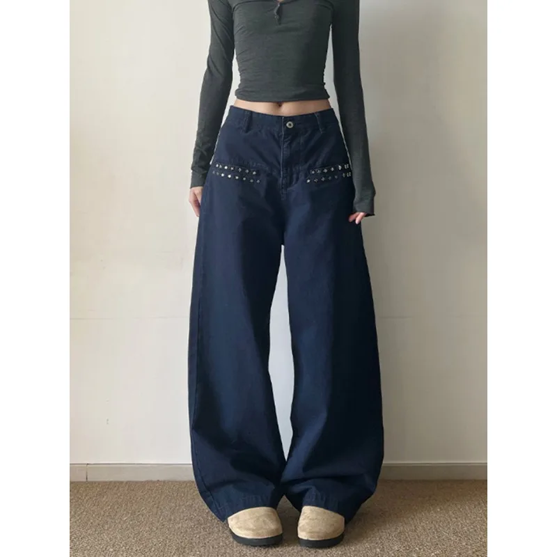 Women's Star Rivet Blue Casual Pants Women Sweatpants High Waisted Straight Retro Bottoms Female Wide Leg Unisex Trousers