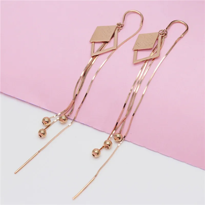 

585 Purple Gold Soft chain tassel square glossy long earingline Fashion Plated 14K Rose Gold earrings for women Fashion Jewelry