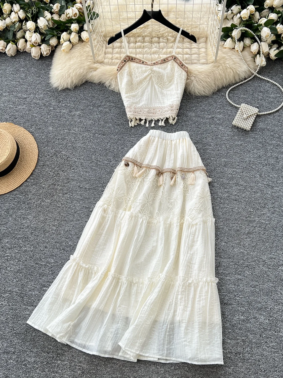 

Heavy Embroidery Fringed Crop Top And High Waist Skirt Two Piece Set Summer Faion Women's Holiday Outfit ort Sve V Ne