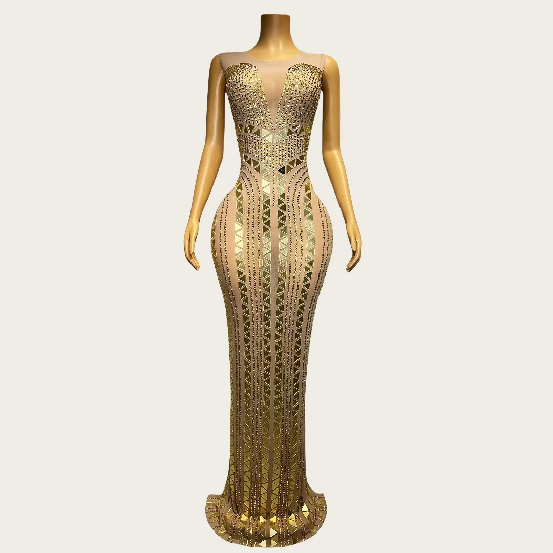 

Diaoding Sparkly Gold Rhinestone Mirrors Dress Sexy Women Birthday Prom Celebrate Luxury Evening Gown Women Sheer Mesh Couture