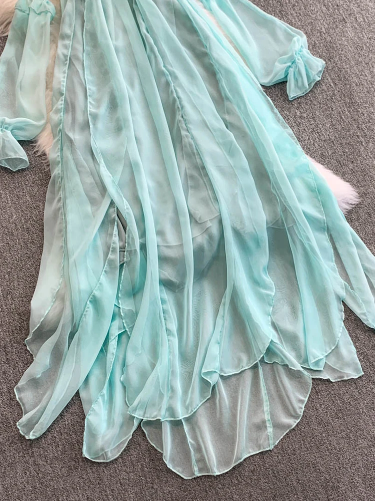 ロマンチックな夏の新しいスタイルの女性の休日のドレス純粋な欲望シフォンホルターネックロングスカートおとぎ話の雰囲気ベルスリーブ