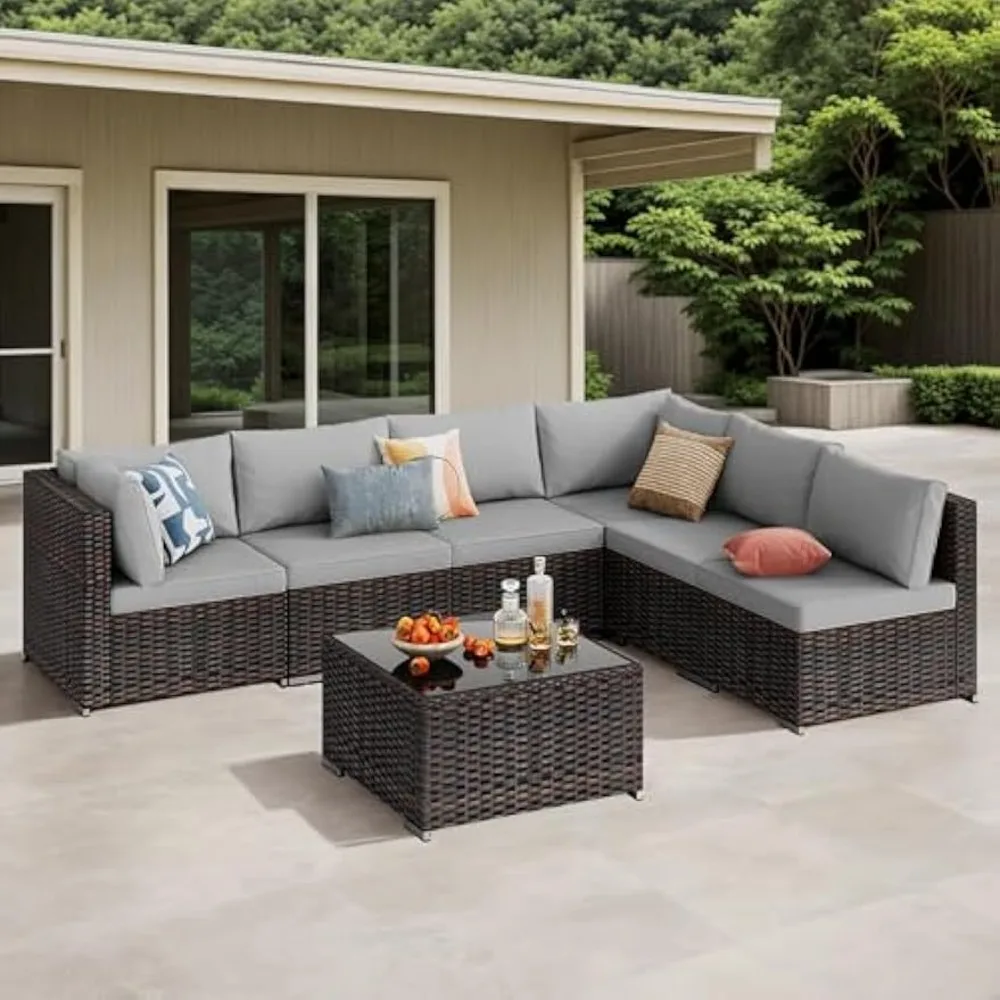 

7 Piece Outdoor Patio Furniture Set, PE Rattan Outdoor Wicker Sofa Set with Cushions and Glass Coffee Table