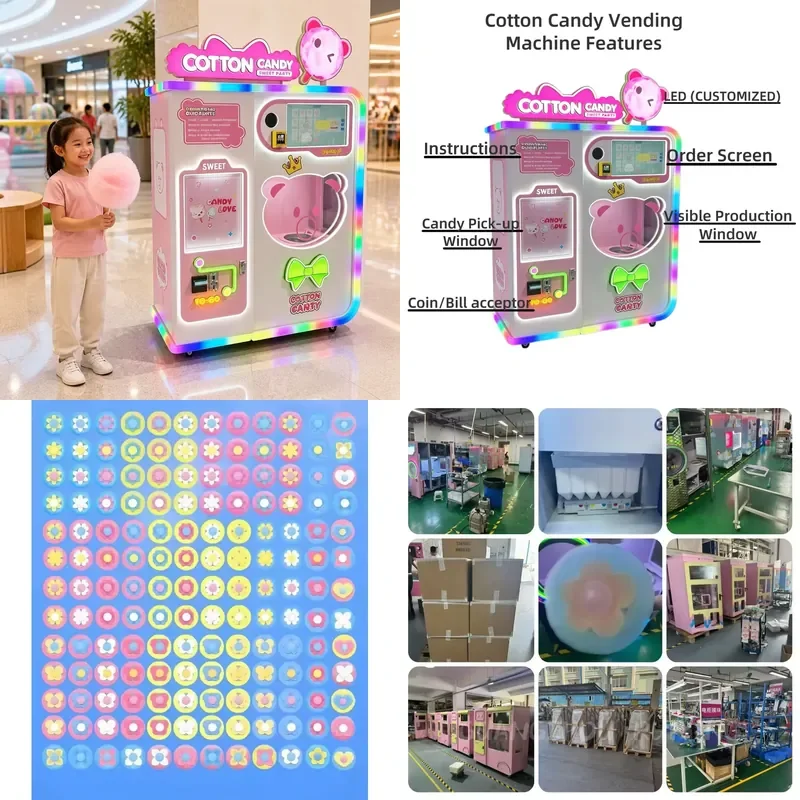 for Automatic Coin Operated Self Service Commercial Cotton Candy Making Machine Auto Clean Remote Monitoring for Shopping