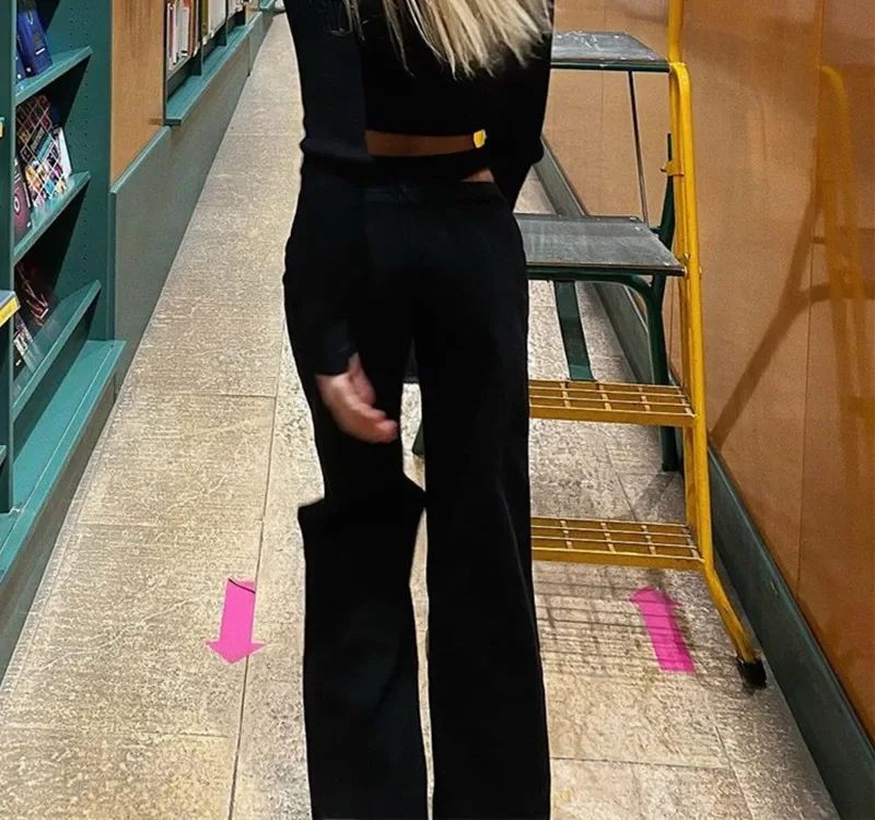 2023 Women Spring Fall Casual Loose Pants Female Korean Solid Color Trouser High Waist Cutout Zipper Black Straight Leg Pants