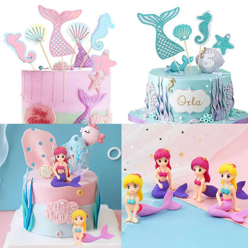 1pc Acrylic Happy Birthday Cake Insert Card Marine Mermaid Starfish Letter Cake Toppers Birthday Party Bake Decoration Supplies