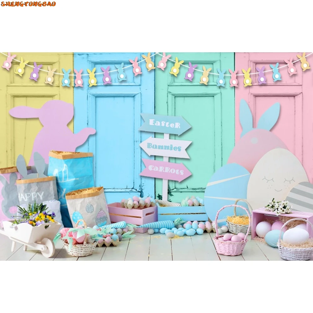 Spring Easter Backdrop Colorful Wood Board Bunny Egg Rabbit Green Grass Flower Easter Baby Portrait Photography Background Decor