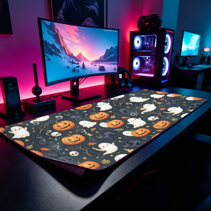 PU Leather Mouse Pad Halloween Stars Black Cat Pumpkin Ghost Mouse Pad Office Desk Mat Waterproof Non-Slip PU Desk Blotter Pad