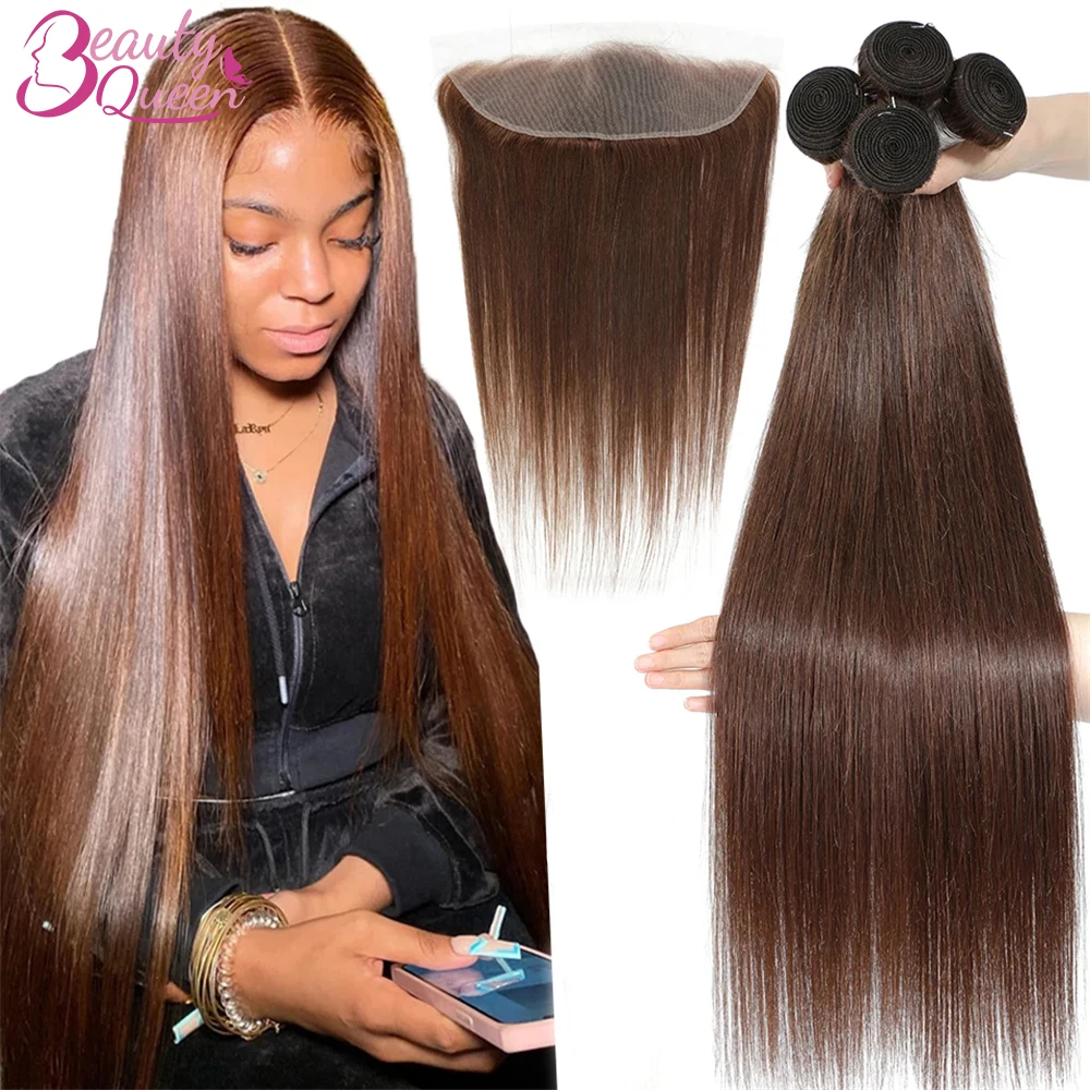 Pacotes retos de cabelo humano com Frontal Lace Bundles, extensões de cabelo Weave, Chocolate Brown, #4, 3 Pacotes, 13x4