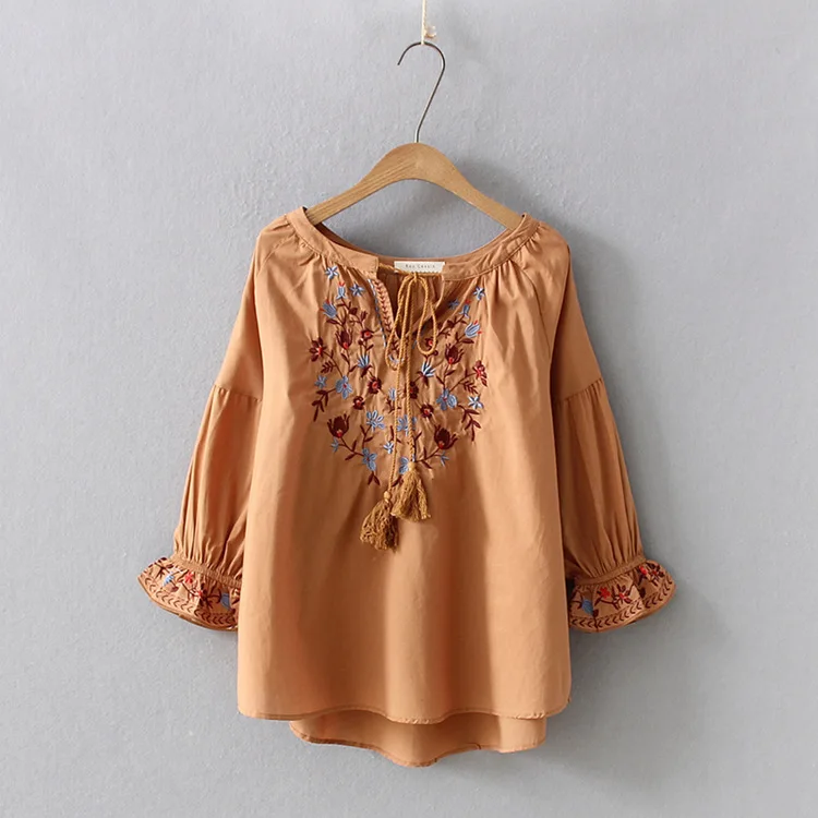 Bohemian Blouse 2021 Women Pullover Female Spring Autumn Spain Style Boho Ethnic Flare Sleeve Embroidery Shirt Blusa Tops