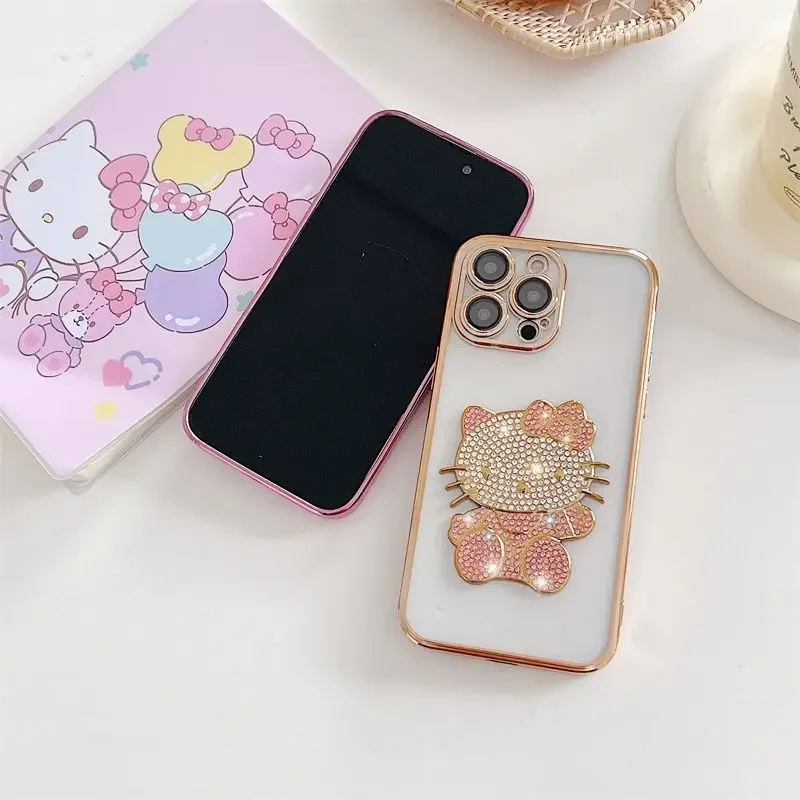 Sanrio Kawaii Hello Kitty IPhone Silicone Mobile Phone Cases Anime Cartoon Transparent Crystal Diamond Phone Protective Covers