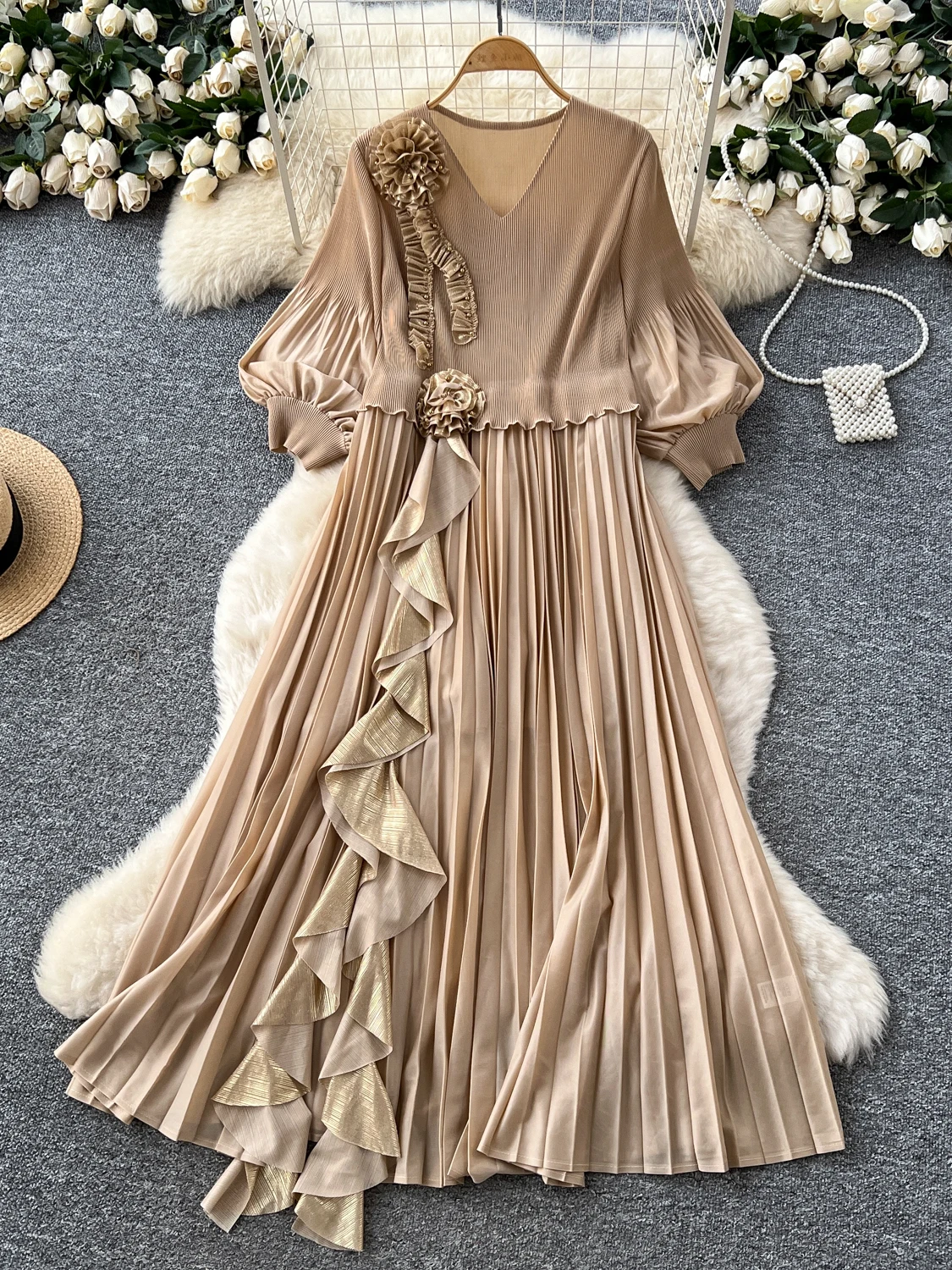 Ele Long Dr Falda acampanada de fibra de poliéster para mujer, diseño holgado, Faion Floral, cintura alta, coreana, para ir al trabajo