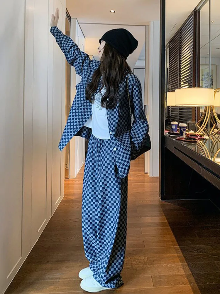 Checkered loose casual denim Jacket suit fashion set for women\'s autumn 2024 new high-end wide leg pants two-piece set