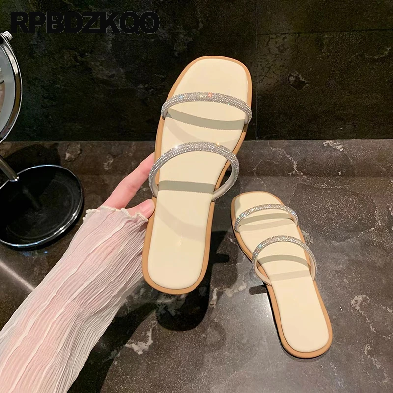 Sparkly Sparkling Women Crystal Jewel Shoes Strap Nude Cinderella Open Toe Slippers Slides Nice Diamond Sandals Rhinestone Flats