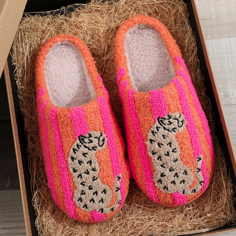 Striped Style Cute Cartoon Indoor Cotton Slippers For Women Men Warm House Shoes Soft Plush Anti-slip Lovers Home Floor Slides