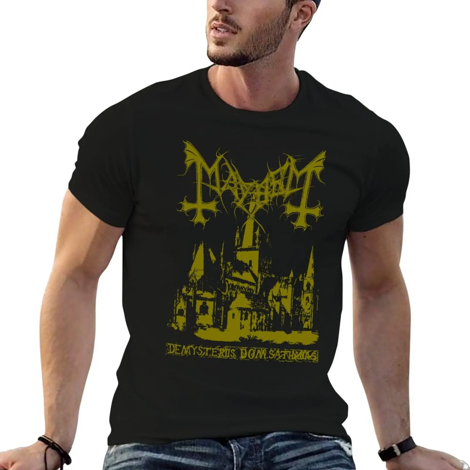 Mayhem - Norway Band - Original Logo - Fanart De Mysteriis Dom Sathanas Gold T-Shirt customizeds mens tall t shirts