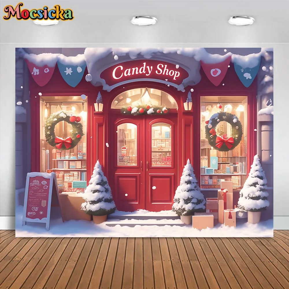 Mocsicka-Cenário De Natal De Inverno Para Fotografia, Loja De Doces, Porta Vermelha, Grinalda, Campo De Neve, Árvore De Natal, Foto Fundos Estúdio, Menina