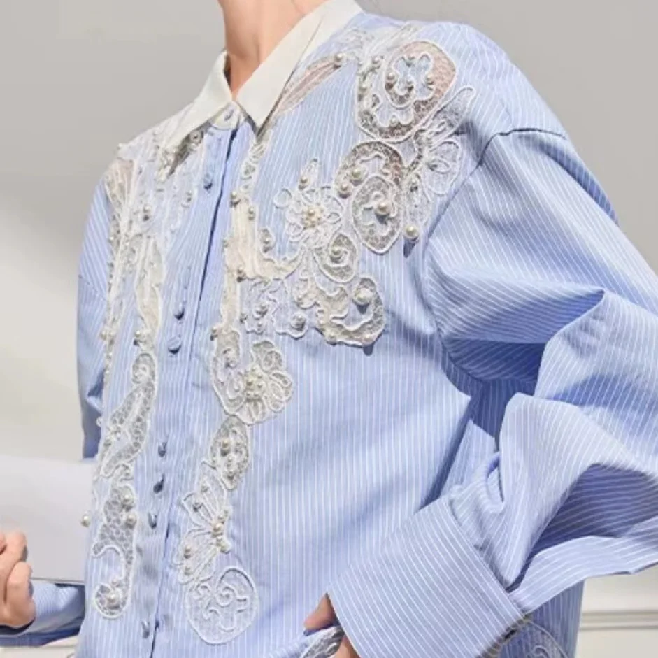 High-end Luxury Style Pearls Beaded Lace Embroidery Blue Stripe Shirts Blouses For Women Tops Woman Clothes