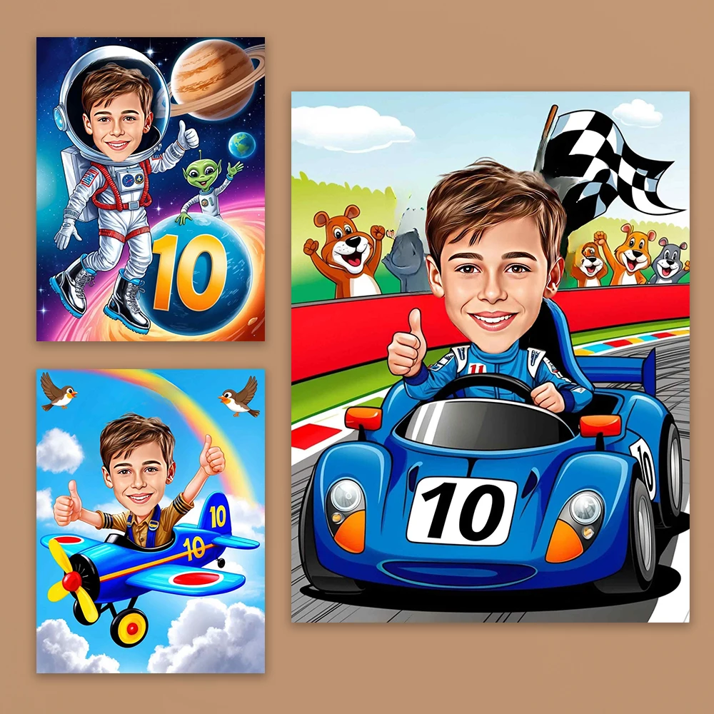 

Custom 10th Boy Cartoon Portrait Poster 10th Birthday Caricature Prints Birthday Cartoon Canvas Painting Personalized Gifts Art