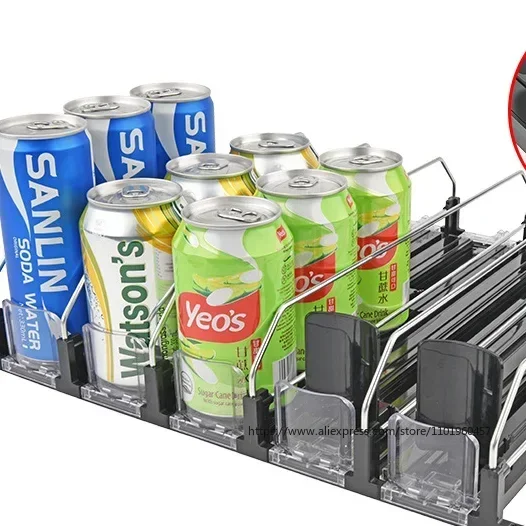 Drink Organizer Dispenser Adjustable Width Canned Beverage Push Rack E-shaped Glide Auto Beer Pusher Holder for Kitchen Fridge