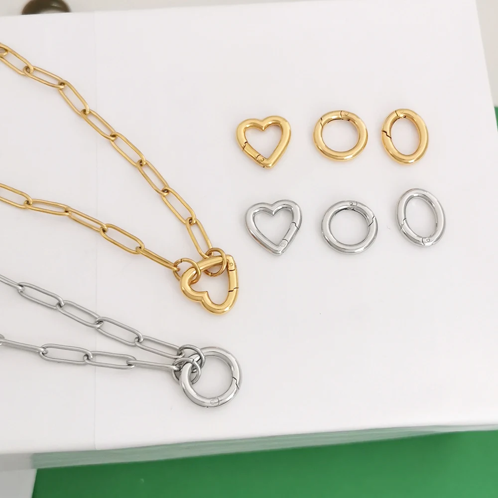 QMHJE Stainless Steel Round Clasp Charm Pendant Connetor Heart Oval Necklace Bracelet Basic Buckle Gold Silver Color Wholesale