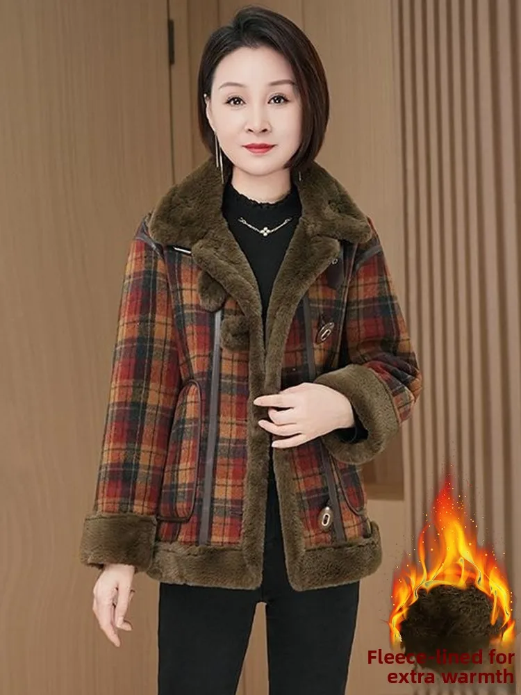 เสื้อโค้ทขนแกะลายสก็อตย้อนยุคสำหรับผู้หญิง เสื้อโค้ทกันหนาวแฟชั่นอุ่นสบายสำหรับฤดูหนาว พร้อมผ้าคลุมหน้า เสื้อคลุมสำหรับผู้หญิง