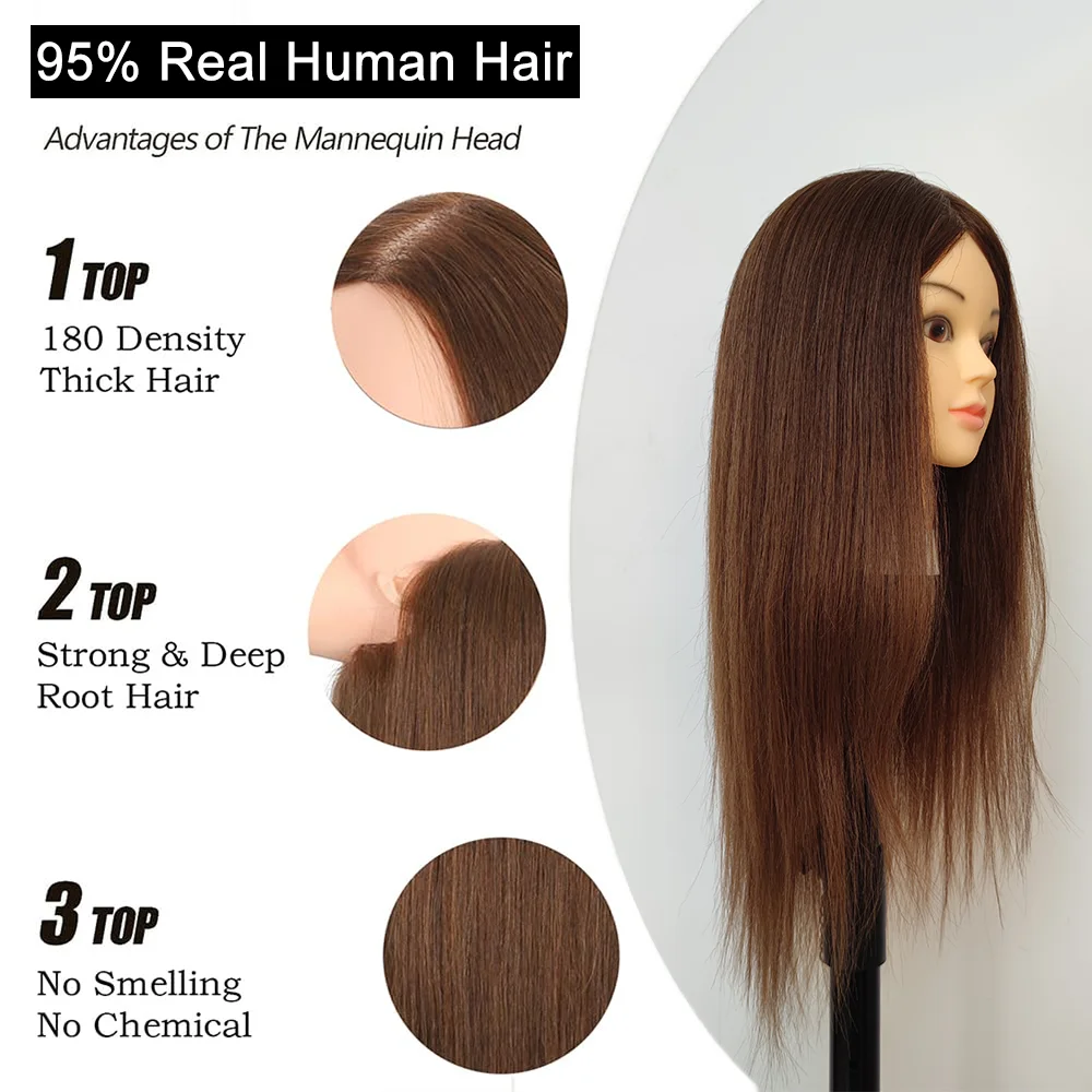 Cabelo longo manequim cabeça para penteados, 95% cabelo humano, cabeça de treinamento para trança, cabeleireiro com braçadeira, suporte de peruca, 22in