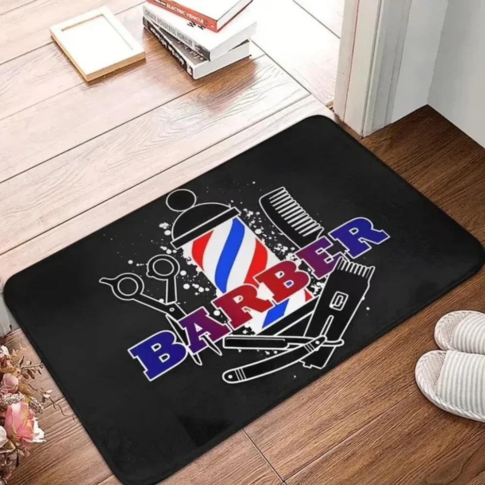 Barbershop Logo Tool Doormat Collection For Salon Entrance Shop Floor Retro Barber Pole Inspired Non Slip Floor Rug